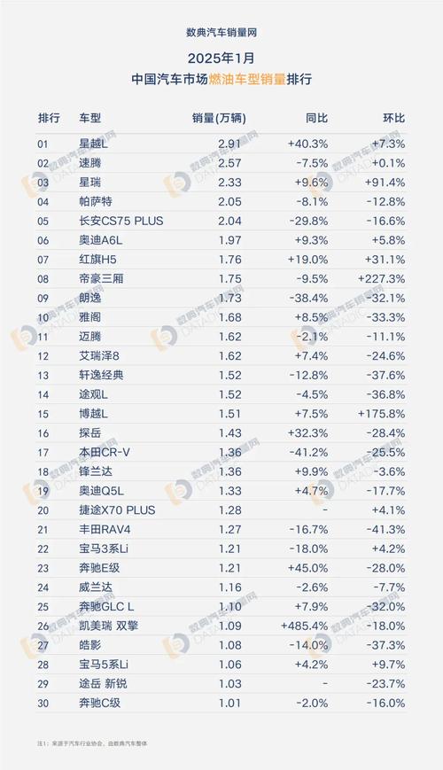 2025年1月车企销量排名